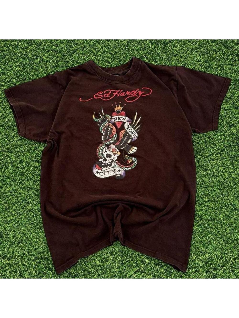 Vintage Y2K Ed Hardy Made USA Brown Graphic T-Shirt Size L